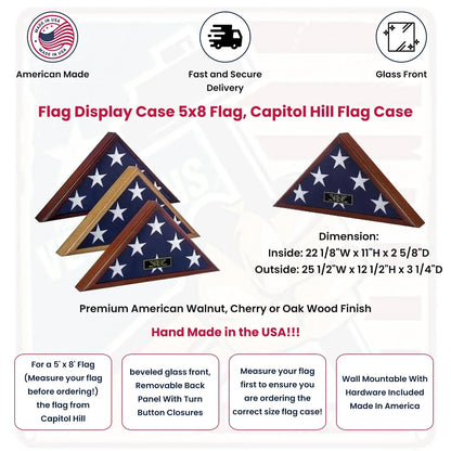 Flag Display Case 5x8 flag, Capitol Hill Flag Case Available in Heirloom Walnut, Cherry or Oak Finish