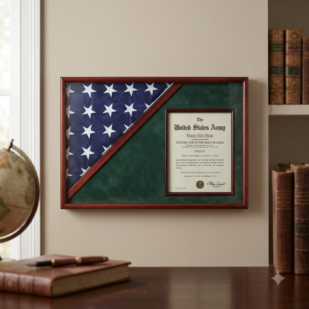 Shadow box for 5' x 9.5' flag with 8.5 x 11 Document holder, Cherry Finish