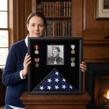 Military Photo Flag and Medal Display Case - folded 3x5 American flag