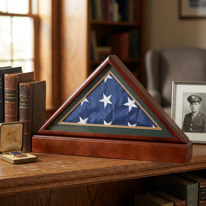 Burial/Funeral Military Shadow Box with Pedestal Stand (with Army Green Mat).