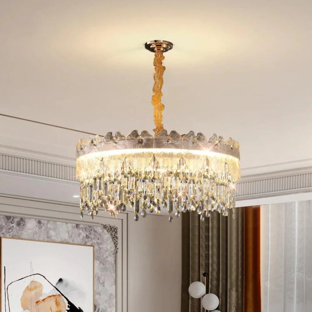 Golden Lotus Leaf Round Crystal Chandelier