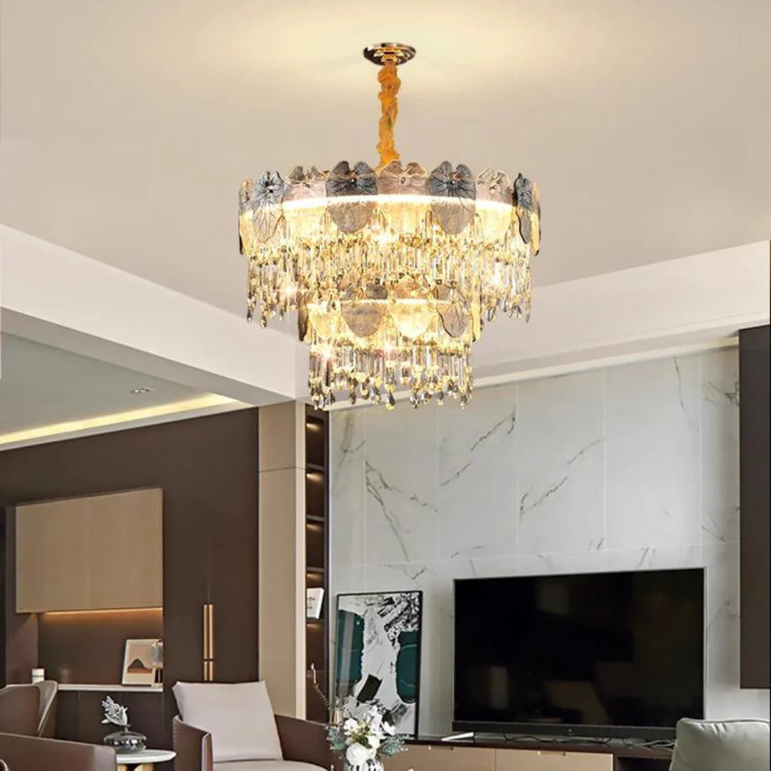 Golden Lotus Leaf Round Crystal Chandelier