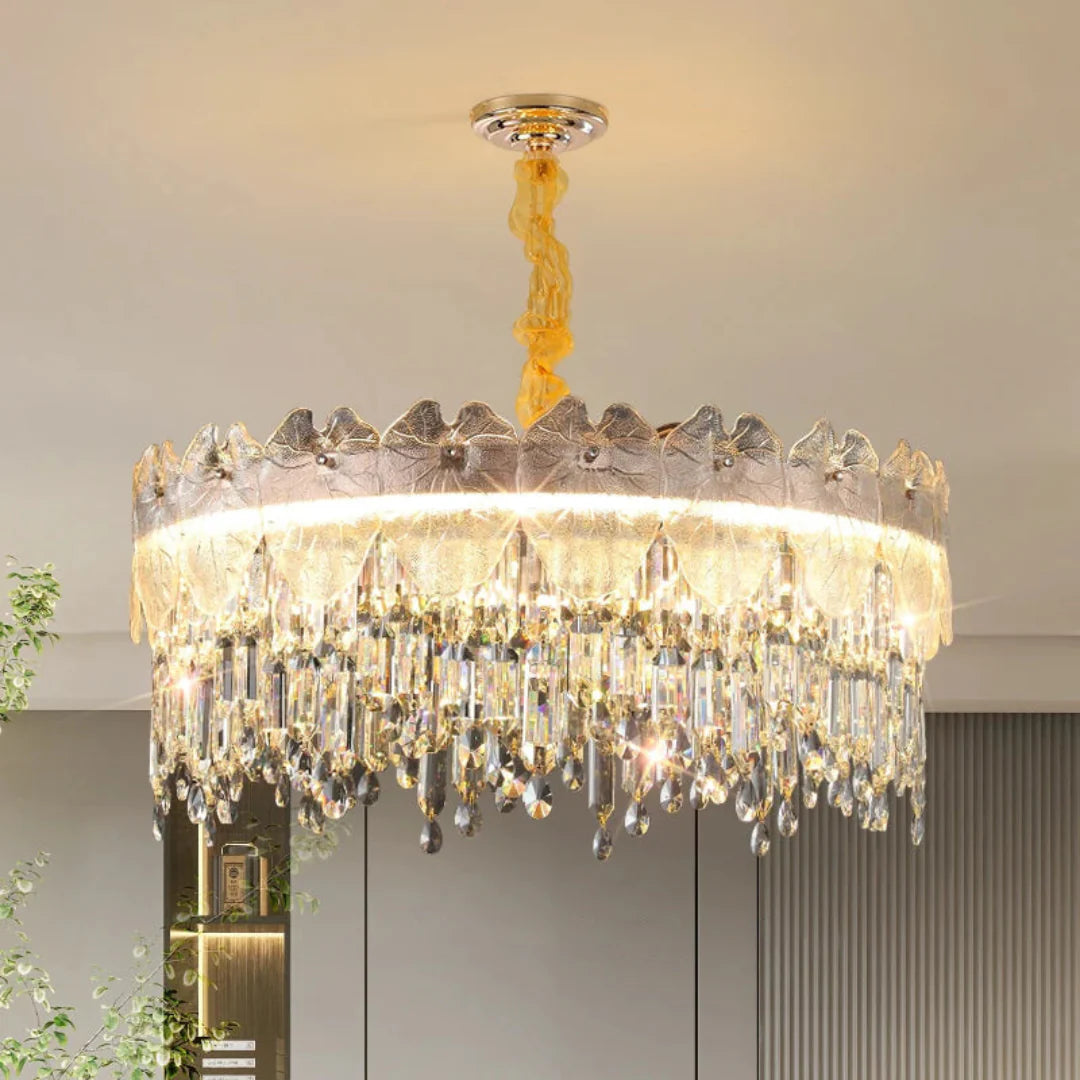 Golden Lotus Leaf Round Crystal Chandelier