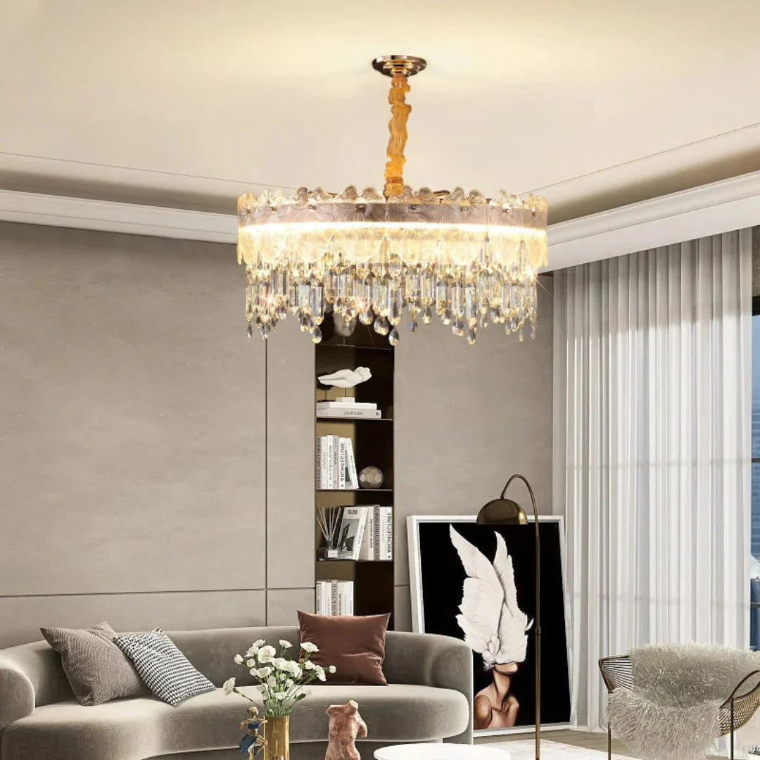 Golden Lotus Leaf Round Crystal Chandelier