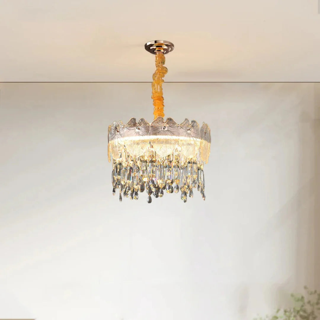 Golden Lotus Leaf Round Crystal Chandelier