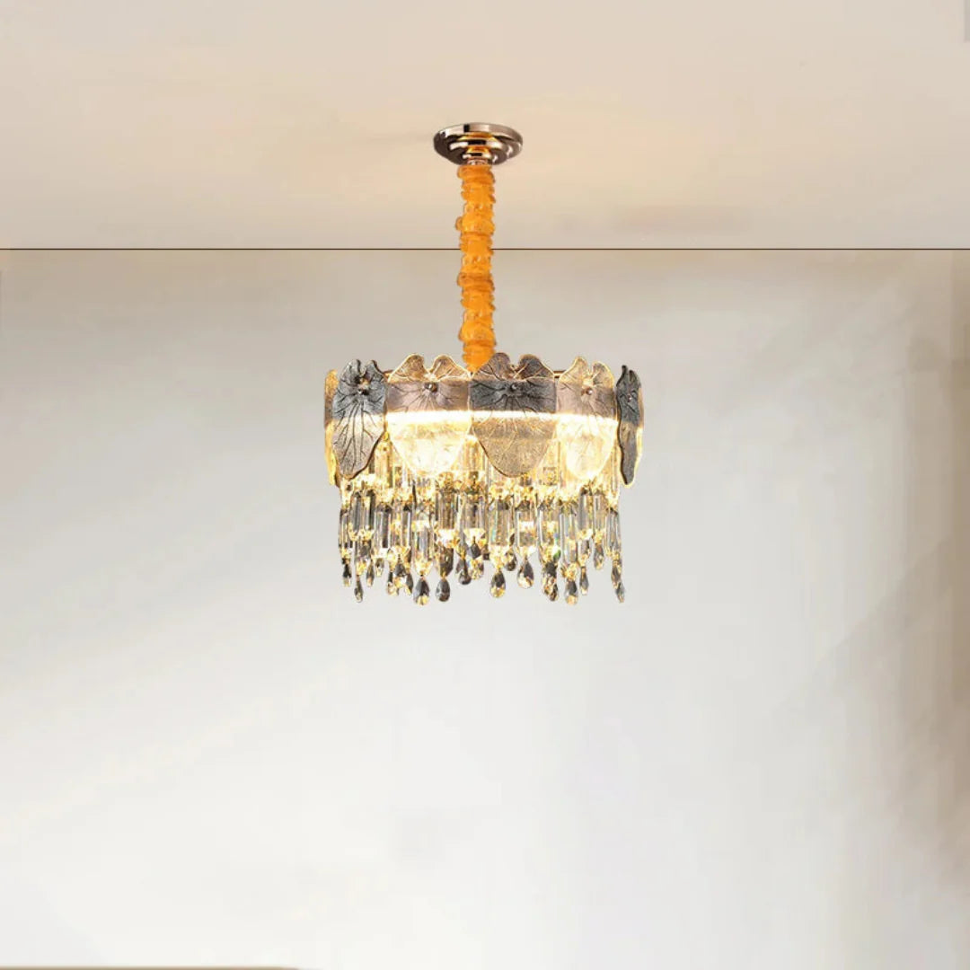 Golden Lotus Leaf Round Crystal Chandelier