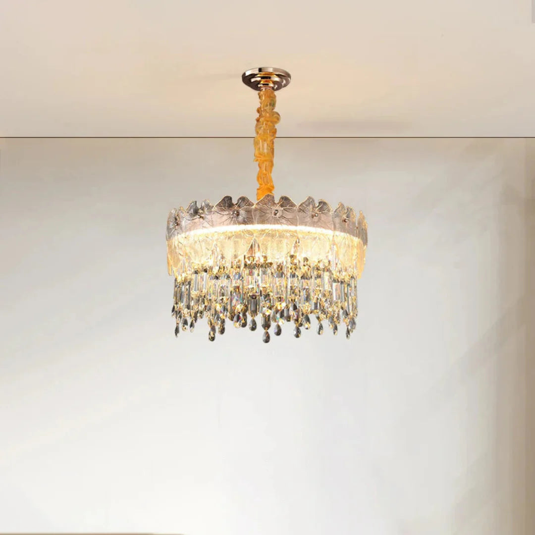Golden Lotus Leaf Round Crystal Chandelier