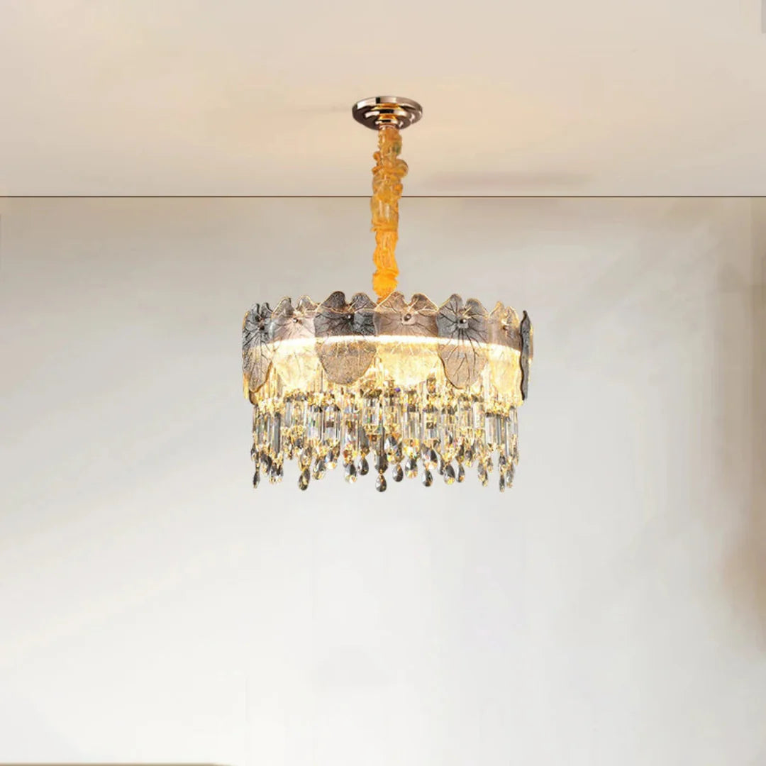 Golden Lotus Leaf Round Crystal Chandelier