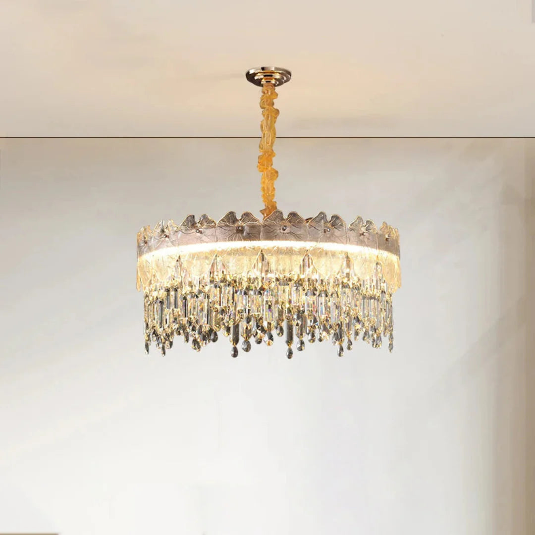 Golden Lotus Leaf Round Crystal Chandelier
