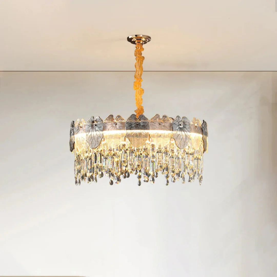 Golden Lotus Leaf Round Crystal Chandelier