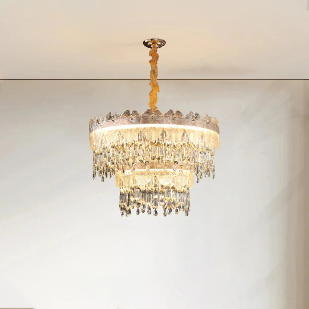 Golden Lotus Leaf Round Crystal Chandelier