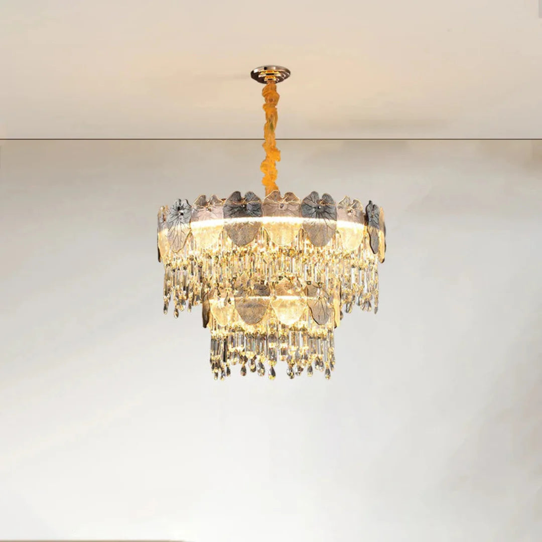 Golden Lotus Leaf Round Crystal Chandelier