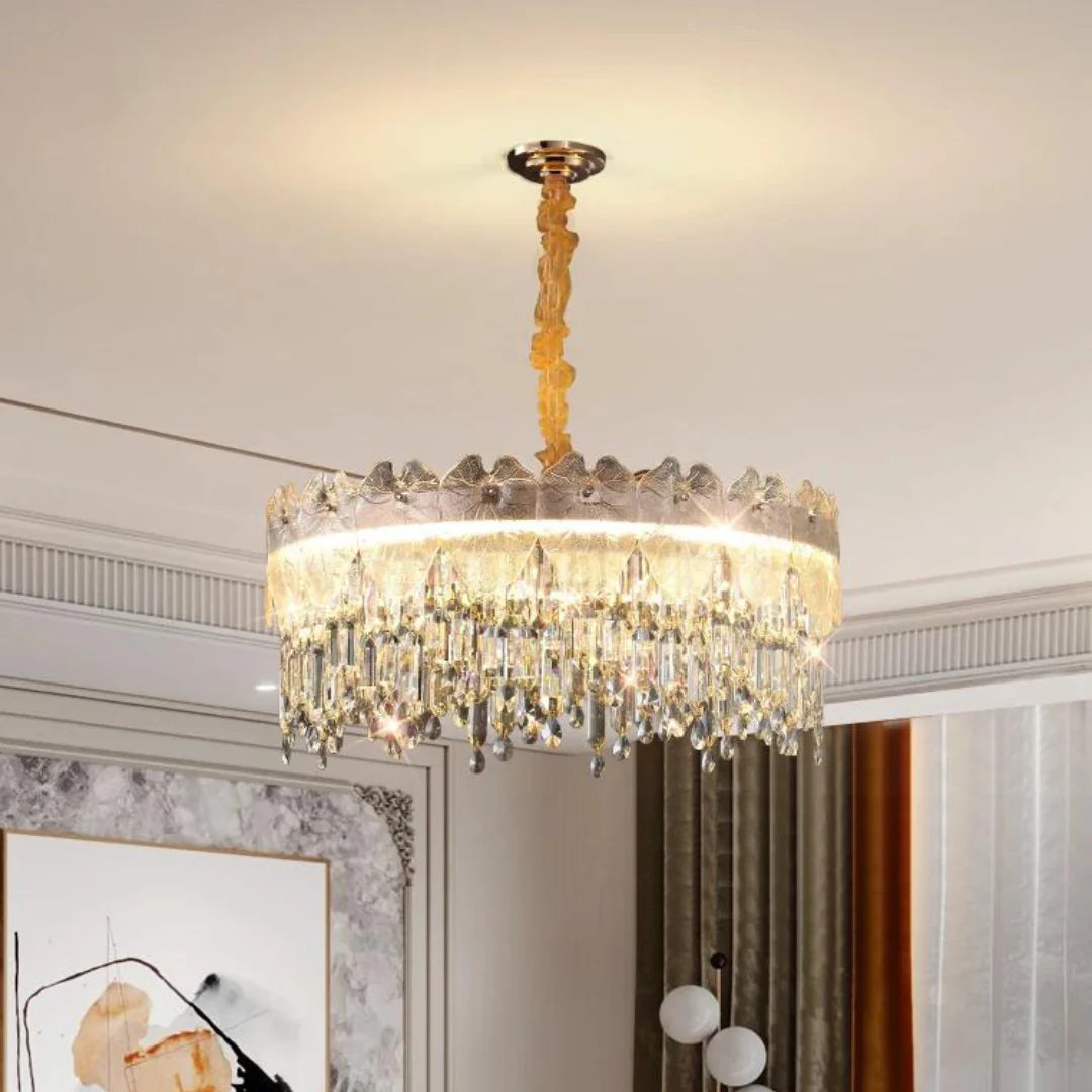 Golden Lotus Leaf Round Crystal Chandelier