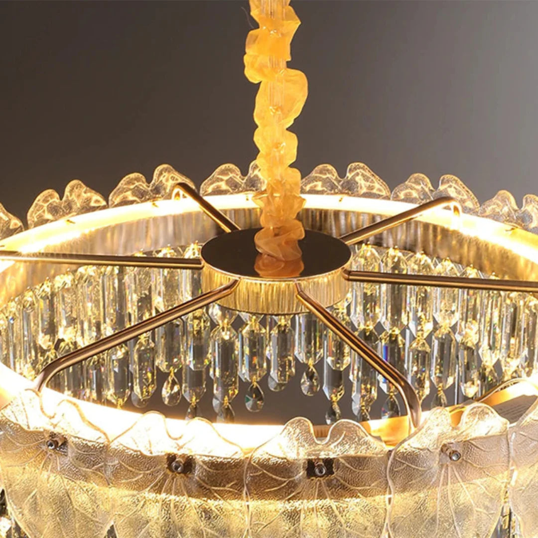 Golden Lotus Leaf Round Crystal Chandelier