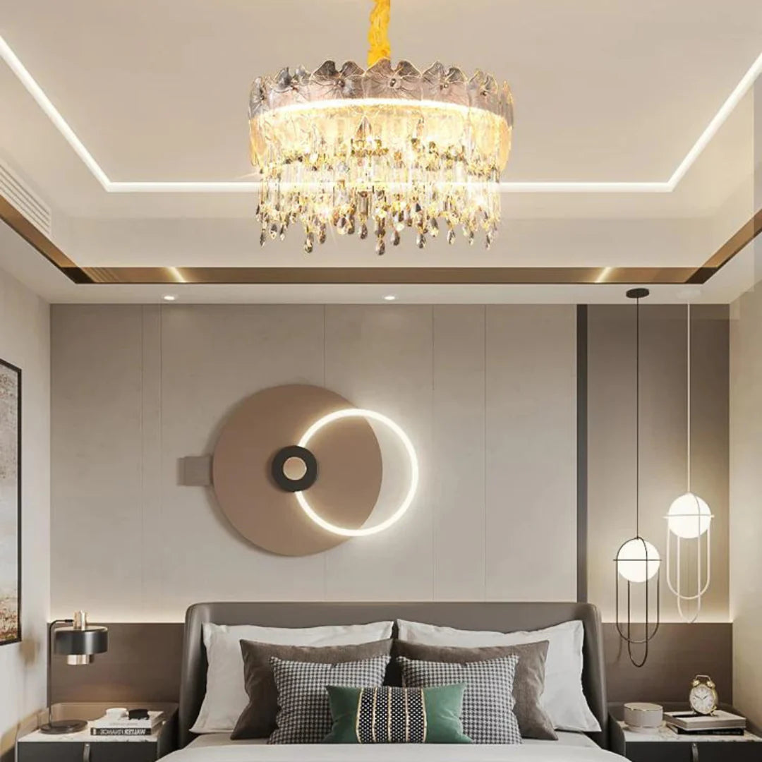 Golden Lotus Leaf Round Crystal Chandelier
