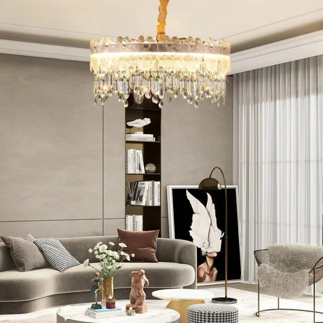 Golden Lotus Leaf Round Crystal Chandelier