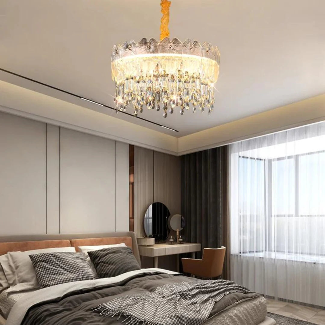 Golden Lotus Leaf Round Crystal Chandelier