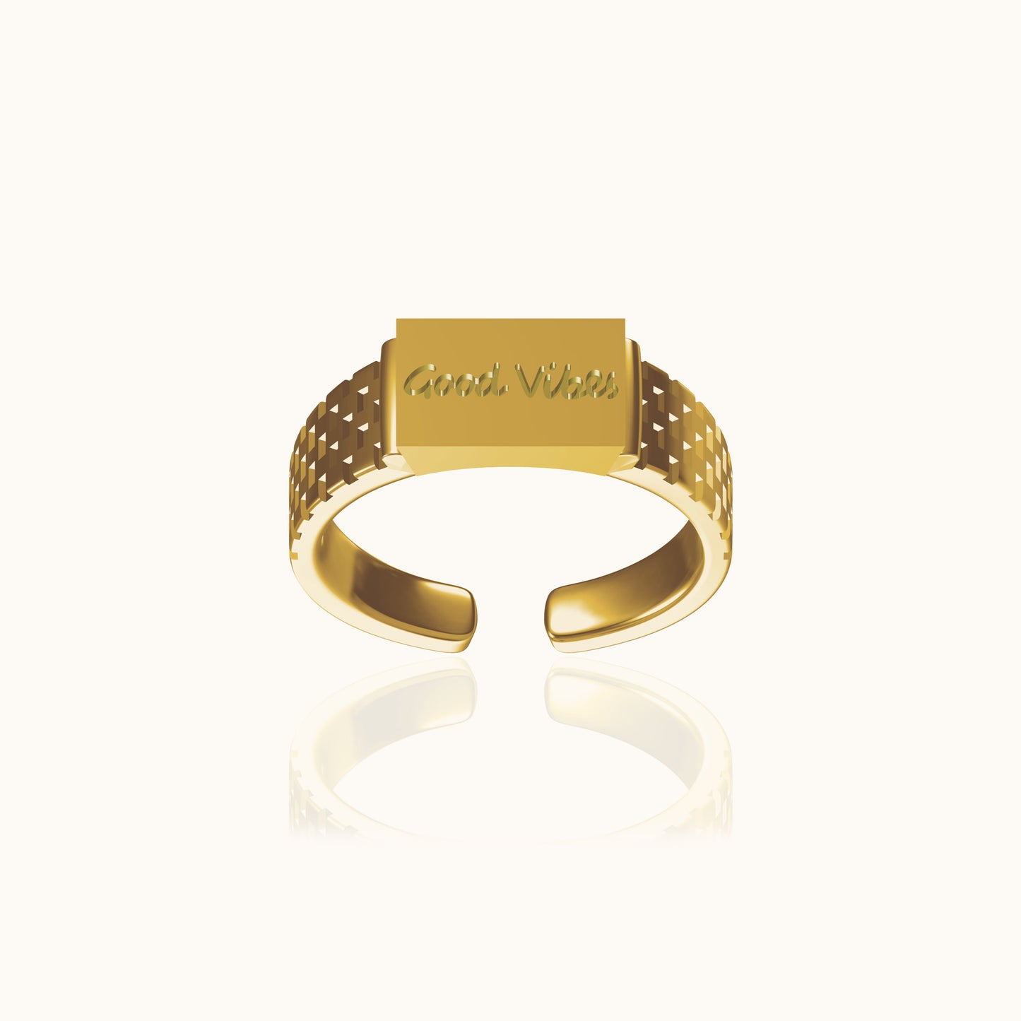 Doviana Signature Good Vibes Gold Cubic Engraved Ring