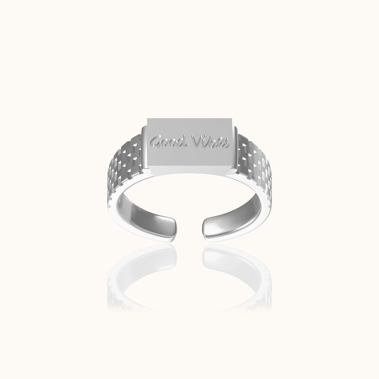 Doviana Signature Good Vibes Silver Cubic Engraved Ring