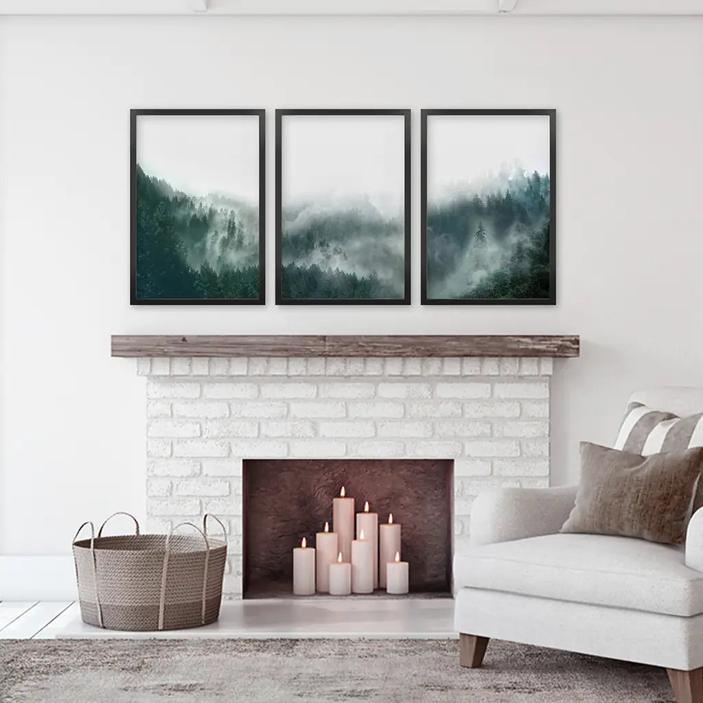 Large Foggy Forest Wall Art Set. Scandinavian Decor