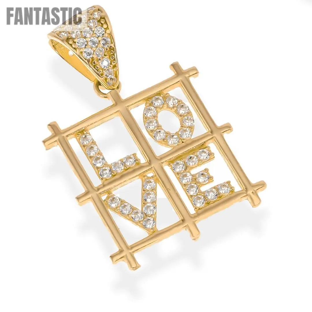14K Gold CZ Heart LOVE Square Pendant