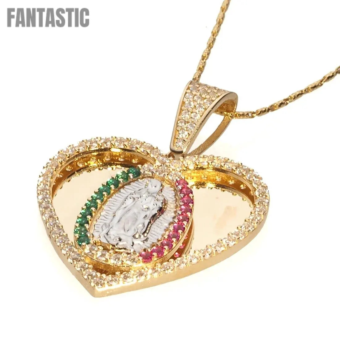 14K Gold CZ Guadalupe Heart Pendant