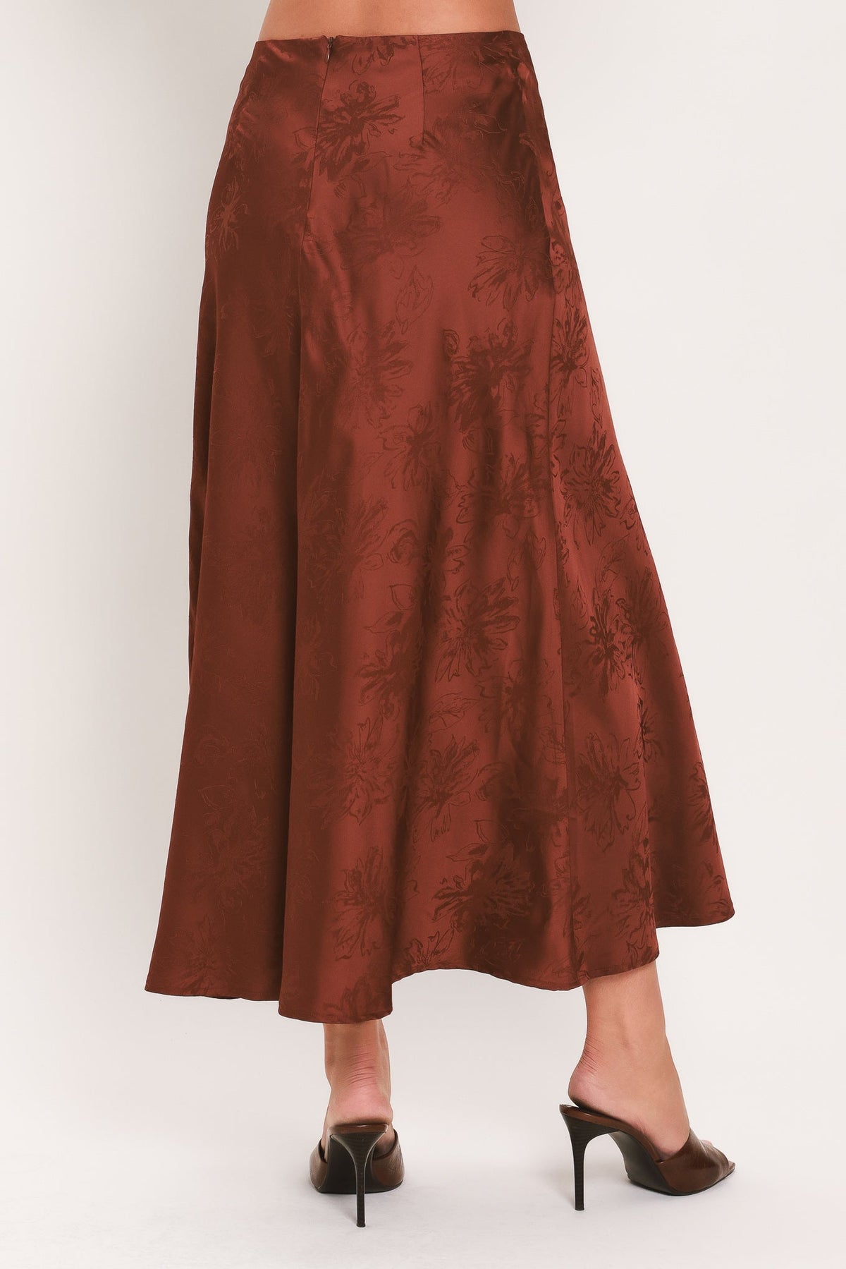BURGUNDY DYNASTY JACQUARD SATIN MIDI SKIRT