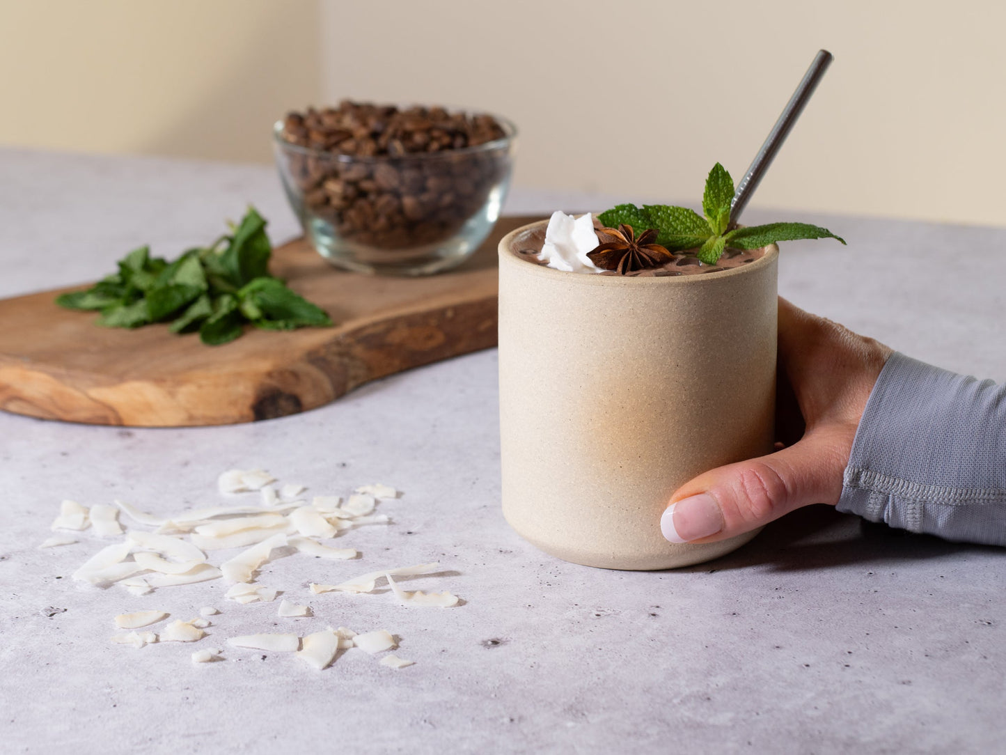 Smoothie Cup Ice White Sandy 14 oz Stoneware