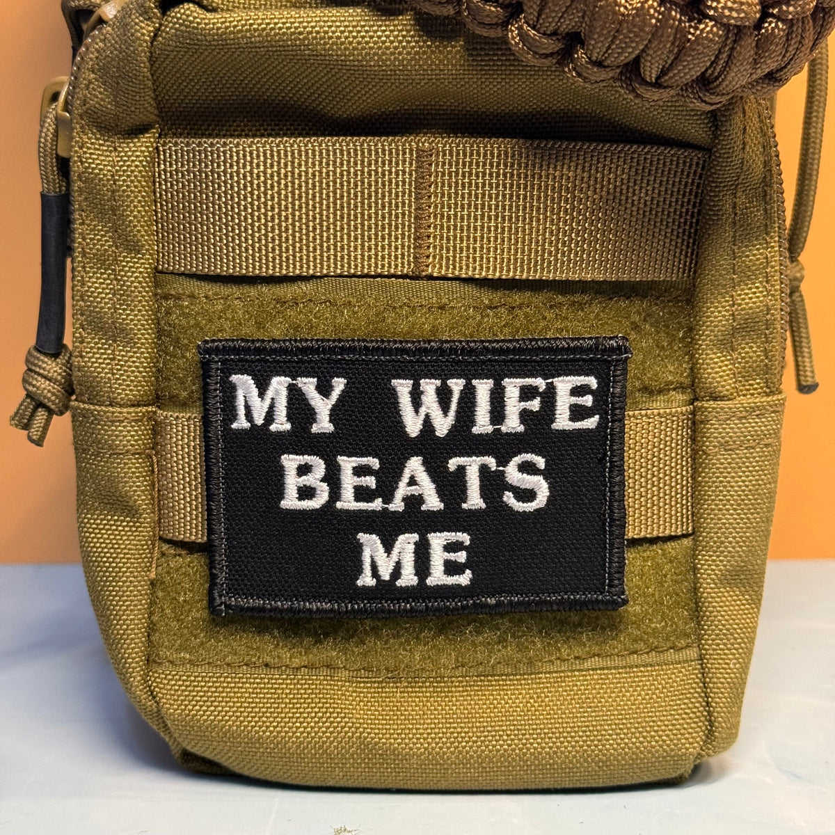My Wife Beats Me Funny Embroidered Morale Patch, 2x3" | VELCRO® Brand Hook Backing