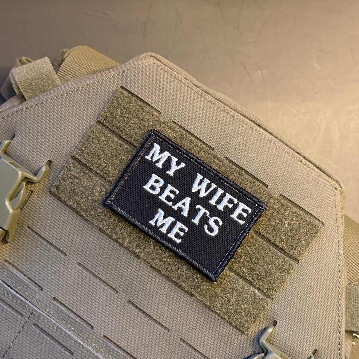 My Wife Beats Me Funny Embroidered Morale Patch, 2x3" | VELCRO® Brand Hook Backing