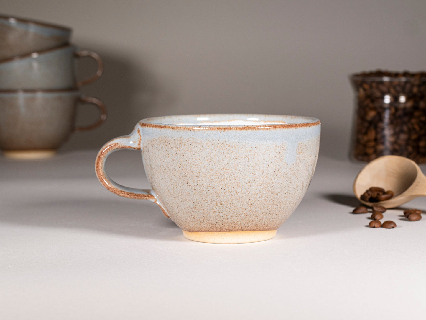 Cappuccino Cup, Latte Cup: Brown-Blue/White, approximately 10-12 oz, Stoneware