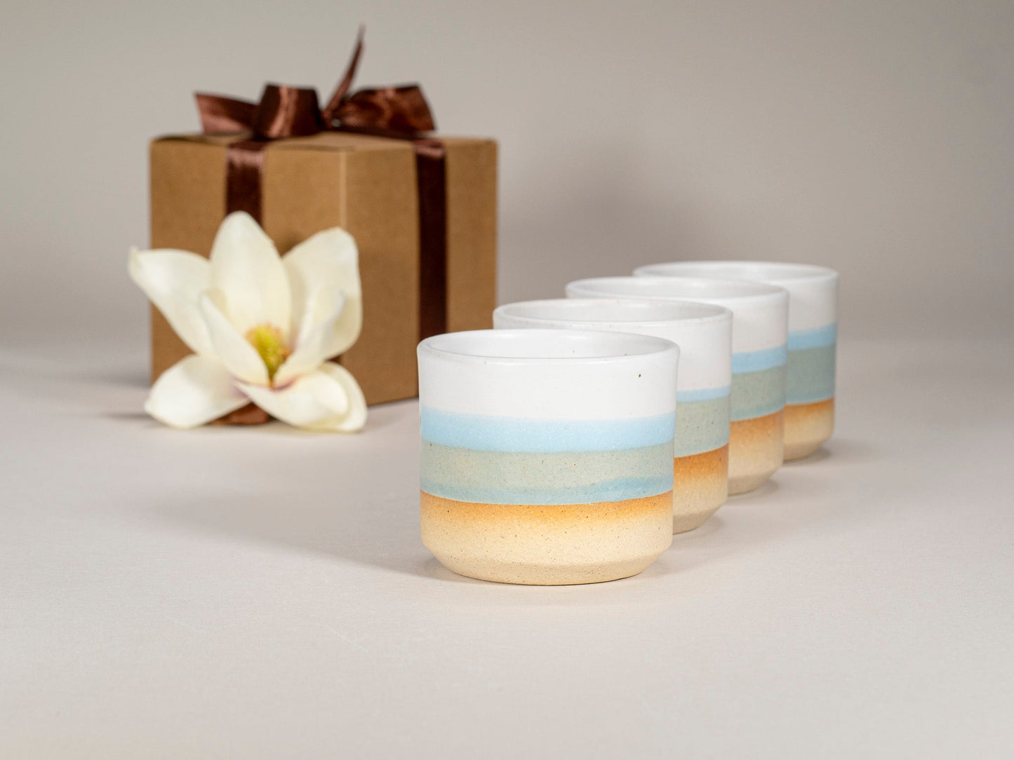 Gift Set: 14 oz cup and 5.5 oz cup in Light Blue White Stoneware