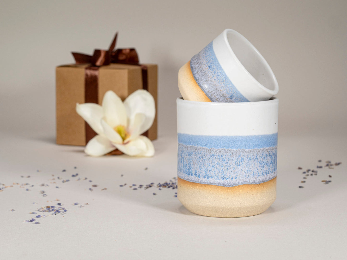 Gift Set: 14 oz cup and 5.5 oz cup in Blue Purple White Stoneware