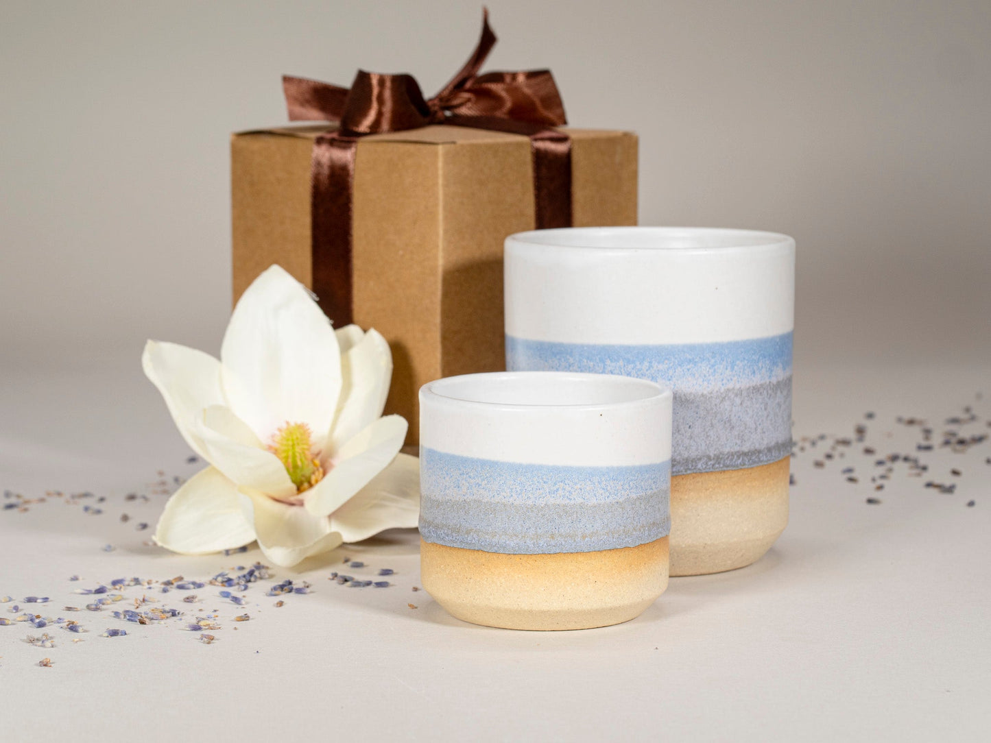 Gift Set: 14 oz cup and 5.5 oz cup in Blue Purple White Stoneware