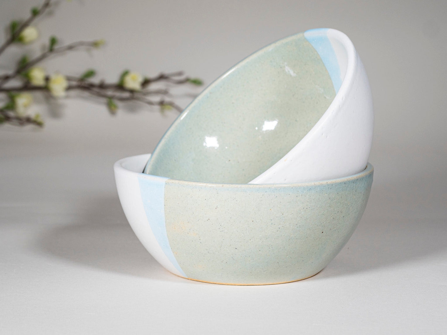 Breakfast Salad Soup Bowl Light Blue White Stoneware Handmade