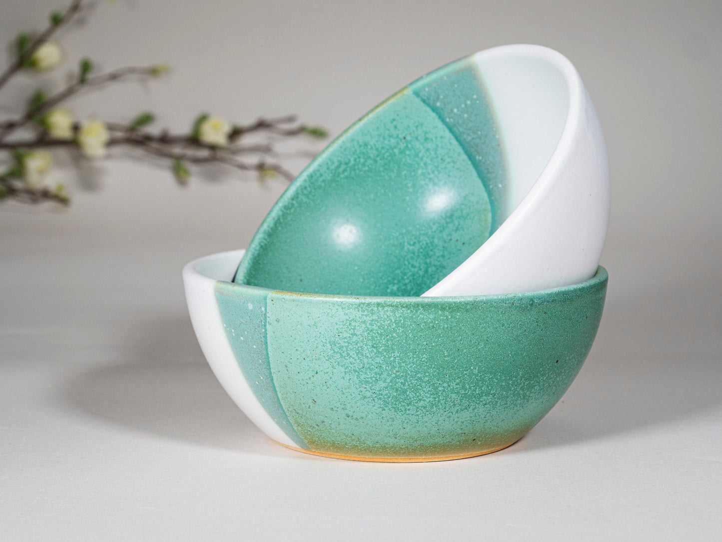 Breakfast Salad Soup Bowl Green White Stoneware Handmade