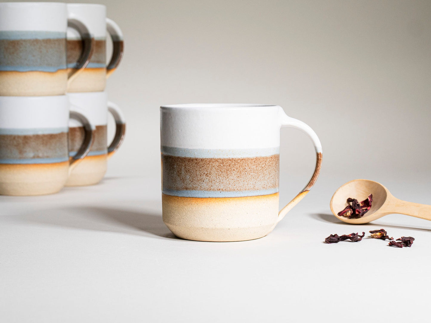 Ceramic Coffee Tea Mug with Handle Brown-Blue White 14 oz Stoneware