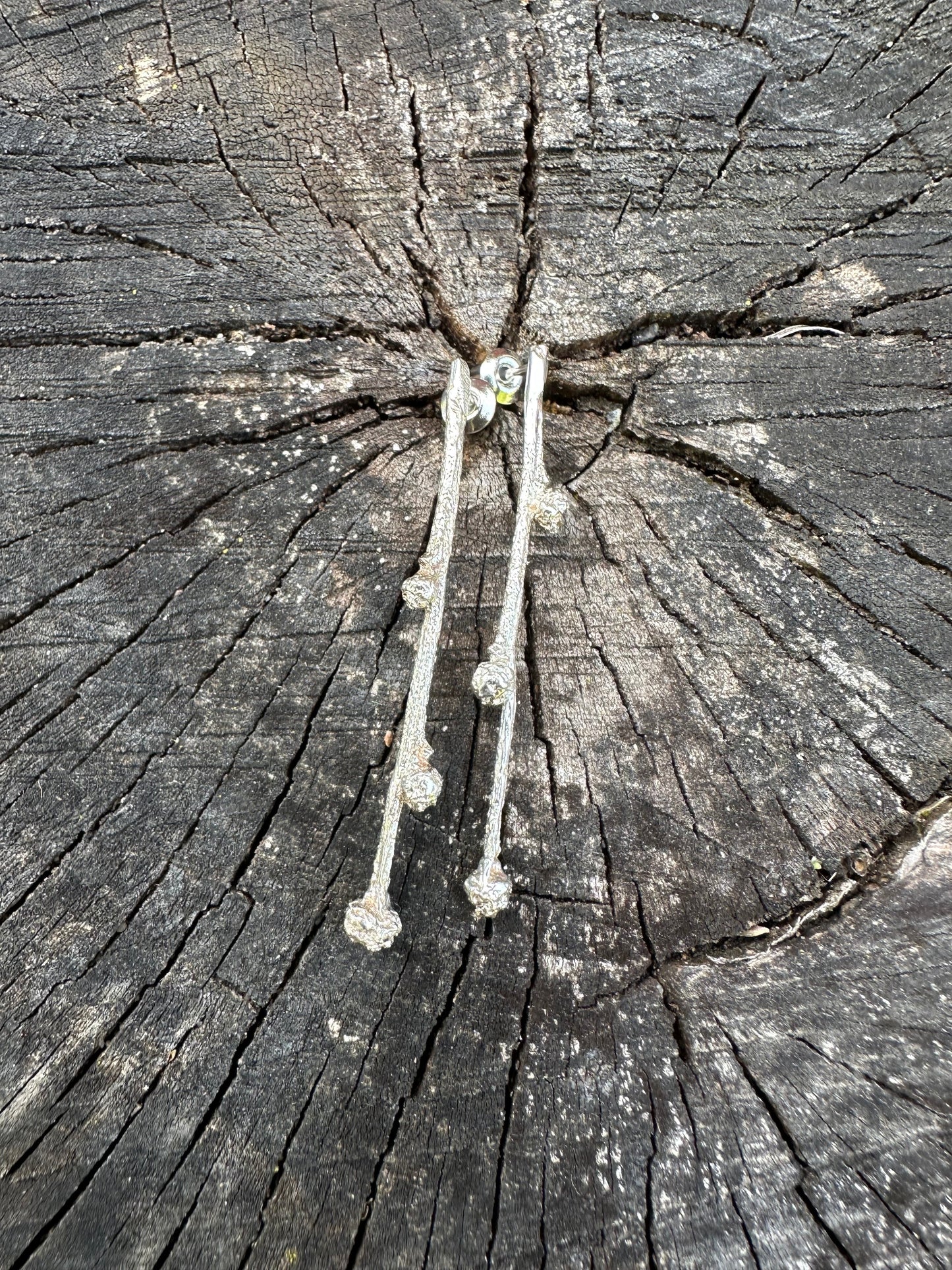Budding Sprigs, elegant, earthy twig earrings studs with organic textures recycled sterling silver, Maine jewelry