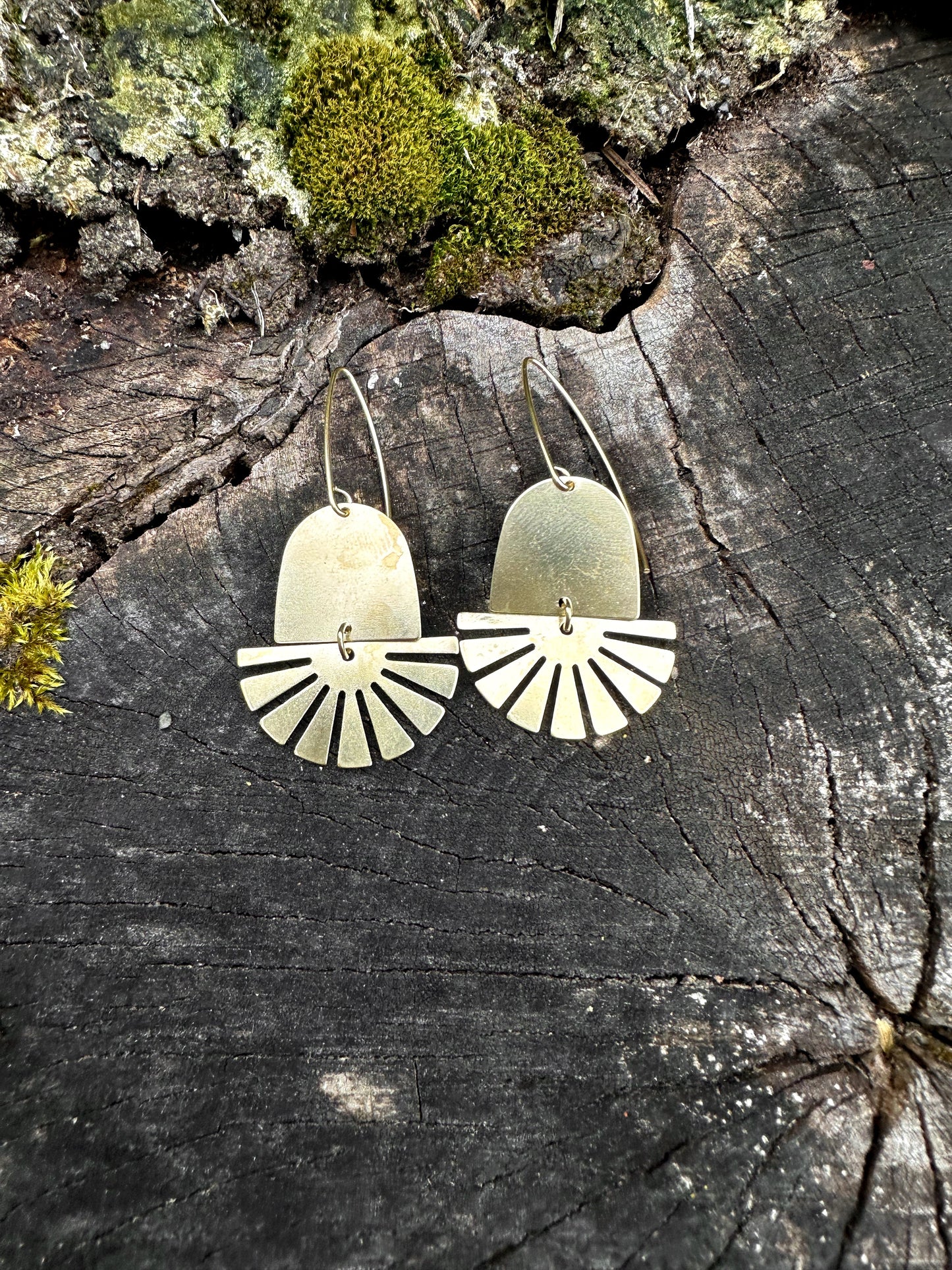 Aztec sun,  lightweight, solid brass, celestial dangle earrings