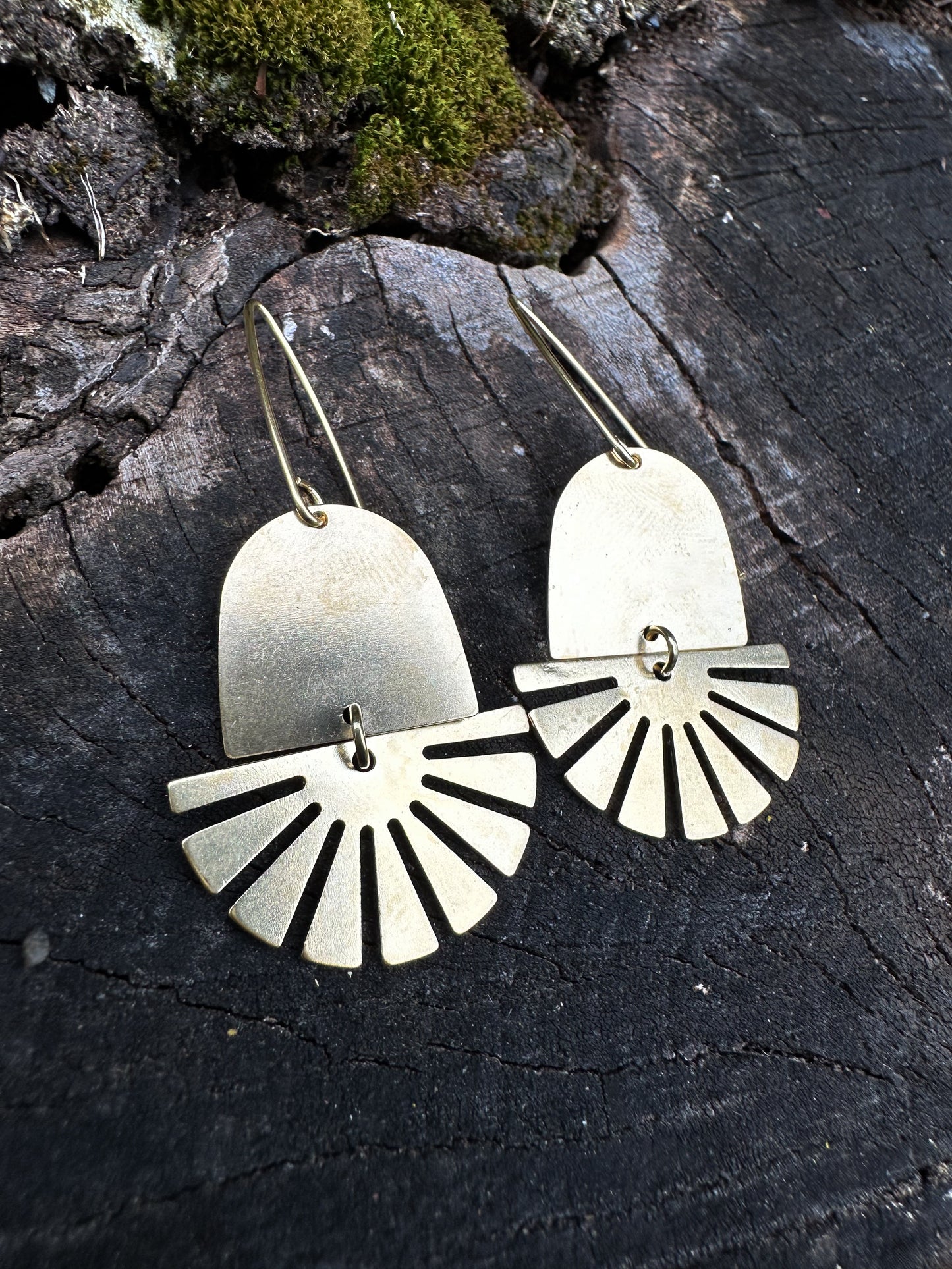 Aztec sun,  lightweight, solid brass, celestial dangle earrings