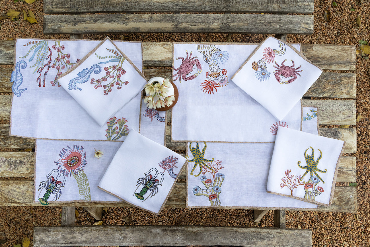 Hand Embroidered Marine Life Placemats 14" × 18" (Set of 4)