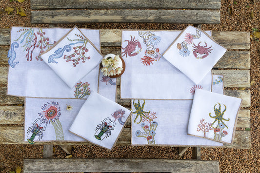Hand Embroidered Marine Life Placemats 14" × 18" (Set of 4)