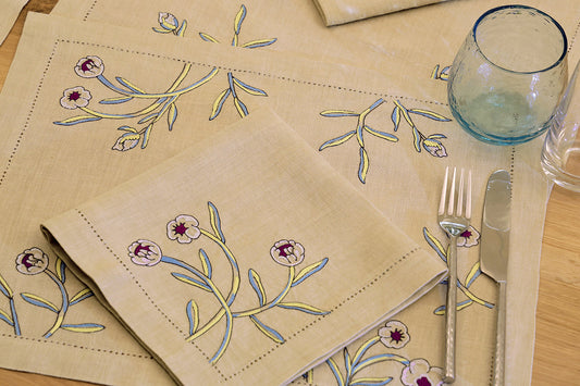 Hand Embroidered Floral Fresco Placemats 14" × 18" (Set of 4)