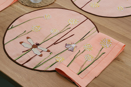 Hand Embroidered Flora and Flutter Placemats 16" round (Set of 4)