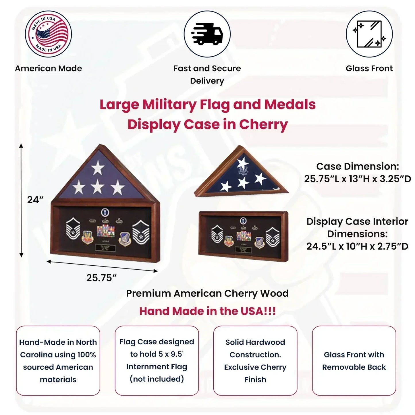Large Flag and Memorabilia Display Cases - Cherry Material.