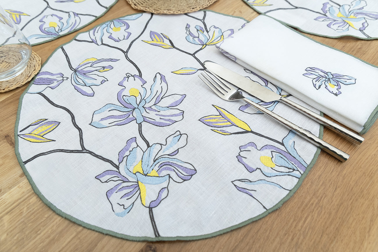 Hand Embroidered Floral Fresco Placemats 16" round (Set of 4)