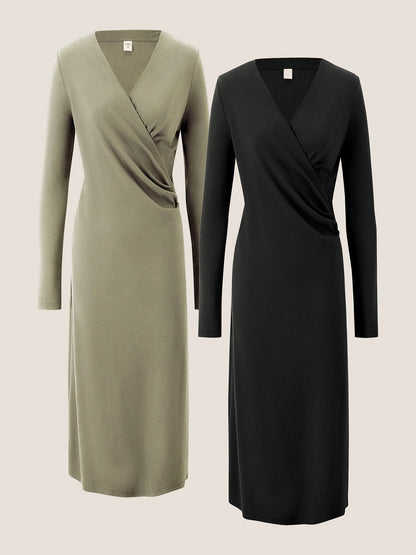 Crossover V-Neck Wrap Stretch Midi Dress MARNIE