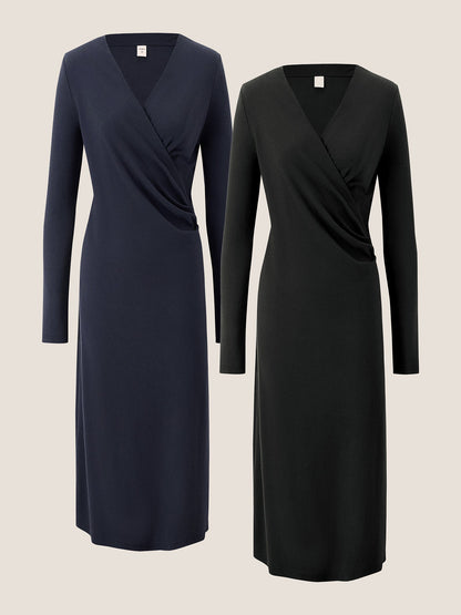 Crossover V-Neck Wrap Stretch Midi Dress MARNIE
