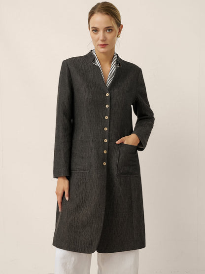 Linen Mandarin Collar Button-Up Long Shirt Jacket JORDAN