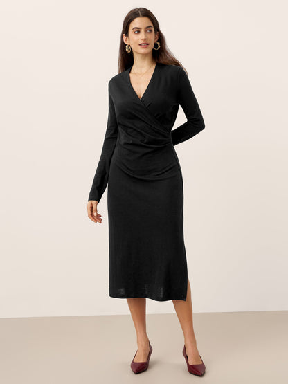 Crossover V-Neck Wrap Stretch Midi Dress MARNIE